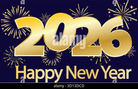 Happy New Year 2026 banner element with exploding fireworks on a dark blue background Stock Vector