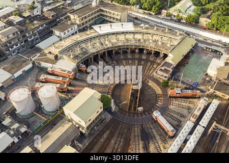 Aerial view of a railway turntable and storage tanks located near train ...