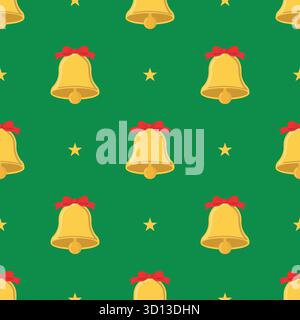 Christmas golden bell with a red ribbon seamless pattern, festive background Stock Vector