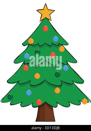 Cartoon style Christmas tree with black pencil outline and baubles and a star, Festive graphic element Stock Vector