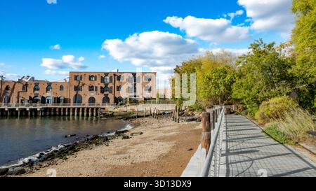 Brooklyn, New York, USA, Landscape with Waterfront Brick Warehouse in Red Hook district. Stock Photo