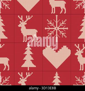 Nordic style Christmas knitted seamless pattern in red, Festive wool style design Stock Vector