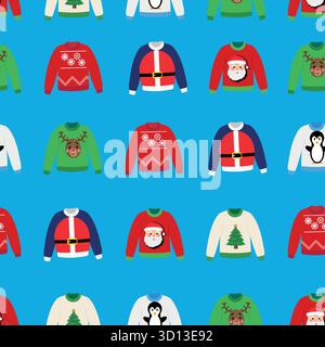 Seamless Pattern of Christmas Jumpers on a blue background, festive ugly sweaters repeating pattern Stock Vector