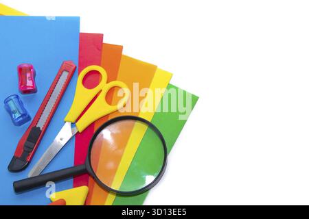 Stationery isolated on white background . Color paper. White background. Hello school. The layout of the stationery. Layout preparation for school Stock Photo