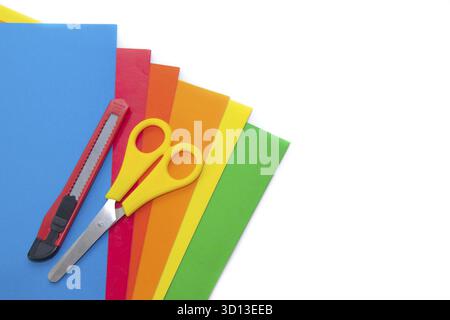 Stationery isolated on white background . Color paper. White background. Hello school. The layout of the stationery. Layout preparation for school Stock Photo