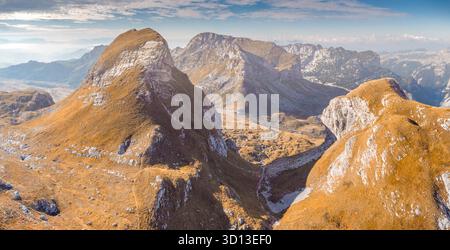 Panorama view of remote mountain landscape showing rocky peaks with vast valleys, highlighting nature's rugged beauty in Durmitor Stock Photo