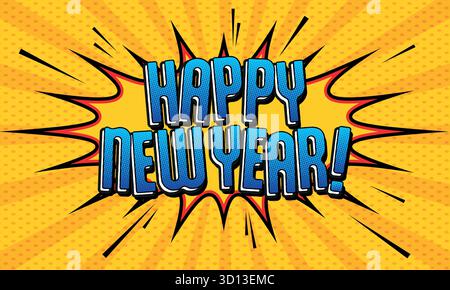 Retro comic style Happy New Year with halftone and an explosion effect Stock Vector