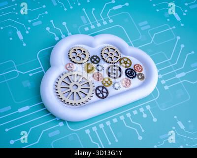 Cloud computing system concept with mechanical gears inside white cloud icon with circuit pattern, symbolizing automation, cloud technology management Stock Photo
