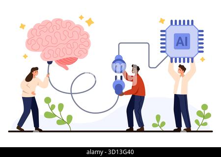 People connecting a human brain to an AI microchip, symbolizing artificial intelligence, machine learning, and technology collaboration, isolated on white background vector illustration Stock Vector
