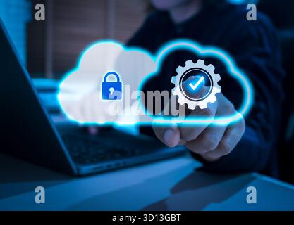 Cloud computing security technology concept with user accessing secure cloud system. Symbolizing the right cloud model—public, private, or hybrid—for Stock Photo