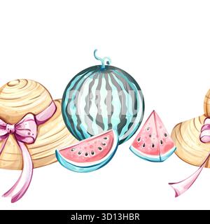 Seamless pattern background wallpaper with summer vibes featuring hats, watermelons, and playful colors perfect for holiday celebrations and beach Stock Vector