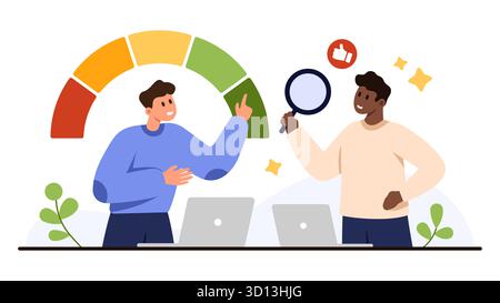 Two colleagues discuss high performance results with laptops, colorful gauge, magnifying glass, and thumbs up icon, representing teamwork and productivity isolated on white background vector illustration Stock Vector