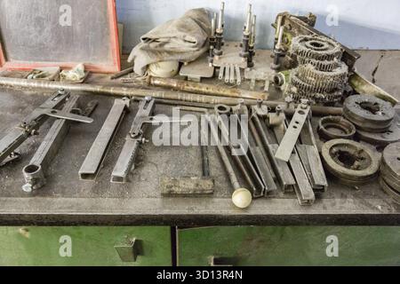 Manual retro tools in the old turning workshop Stock Photo