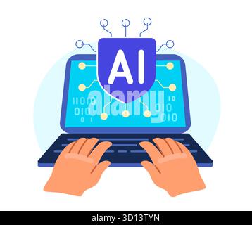 Person uses AI technology in his work. Artificial intelligence CPU microchip on laptop screen. Vector illustration Stock Vector