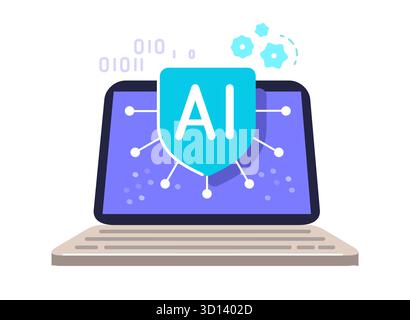 AI technology vector illustration. Artificial intelligence assistant on laptop screen. CPU microchip, digital software Stock Vector