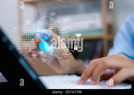 Businessman using AI chatbot and automation system on digital interface for online communication and customer service innovation concept. Stock Photo
