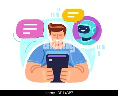 AI assistant, online consultation. Man using mobile phone with robot assistant. Artificial intelligence technology Stock Vector