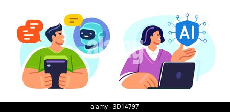 Woman working on laptop with AI. Online support, digital assistance, communication customer service. Workspace business Stock Vector