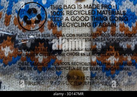 This bag is made from 100% recycled materials. Keep a good thing going by recycling it again. - in many different languages Stock Photo