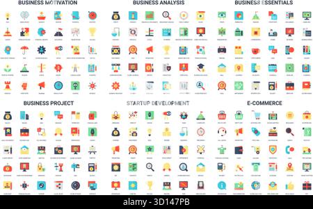 Comprehensive set of 180 simple flat icons for business, startup, project management, analysis, e-commerce, and essentials, perfect for web, apps, presentations, and infographics vector illustration Stock Vector