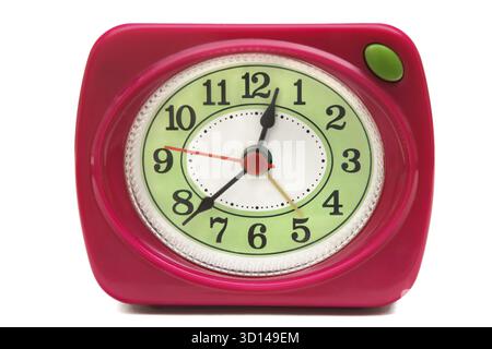 Red alarm clock closeup isolated on a white background Stock Photo