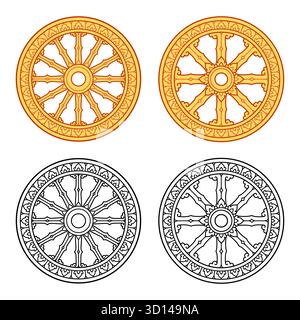 Thai Dhamma Wheel (dhammacakka), with 8 and 12 spokes. Theravada Buddhism symbol. Golden and black line art set. Isolated vector illustration. Stock Vector