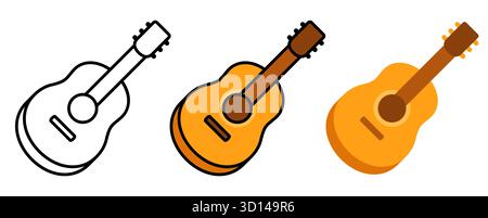 Classic acoustic guitar. Black and white line icon, color and flat cartoon drawing. Simple vector clip art illustration. Stock Vector