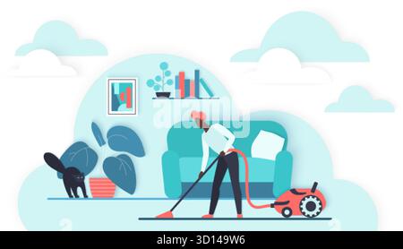 Modern home cleaning scene woman vacuuming carpet cat watching sofa plants books clouds background perfect housekeeping lifestyle hygiene topics isolated white background vector illustration. Stock Vector