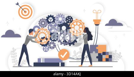 Creative teamwork concept with people assembling gears inside a brain shape, symbolizing idea generation, innovation, and problem solving for business and education vector illustration Stock Vector