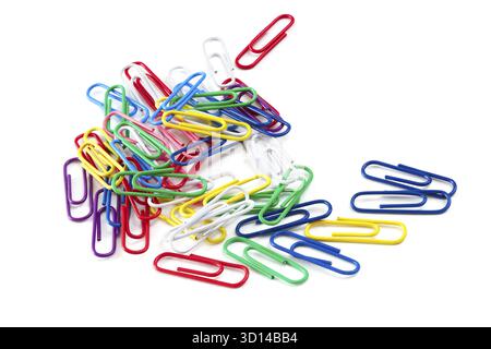 Colored paper clips on a white background Stock Photo