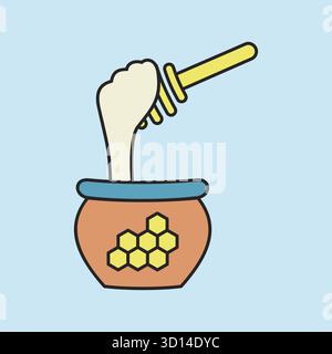 A simple line art icon of a honey pot with a dipper. This illustration is perfect for food, organic, and kitchen-themed designs, symbolizing natural s Stock Vector