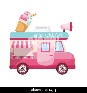 Pink ice cream bus in doodle style. Hand Drawn. Stock Vector