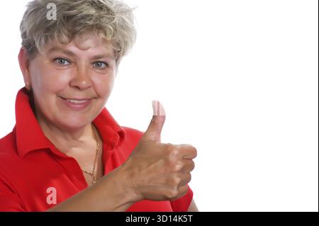 Portrait on white - Happy woman close up Stock Photo