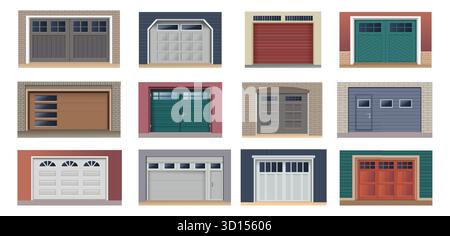 Warehouse door. Garage repair, front of mechanic car house, industrial business construction. Automatic shutter, safety transport parking storage. Vector flat style isolated doorway illustration set Stock Vector