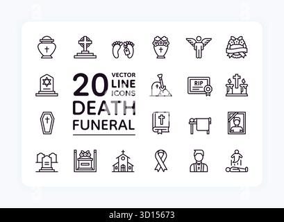 Funeral icons. Line death, religious bible and church, coffin service. Catholic, Christian church, graveyard religion memorial symbols. RIP sign pictograms collection. Vector outline isolated set Stock Vector