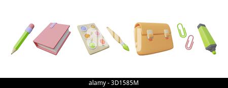 3d school elements. Back to study art brush, education book for paint class, pencil, green highlighter, paper clips and textbook case, cute student stationery. Vector cartoon render isolated icons set Stock Vector