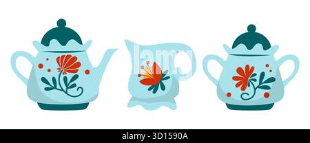 Cozy kettle. Sugar and milk container with floral pattern. botanical decorative elements on crockery. Drinking tea. Teatime utensil. Serving kitchen. Vector cartoon flat style isolated illustration Stock Vector