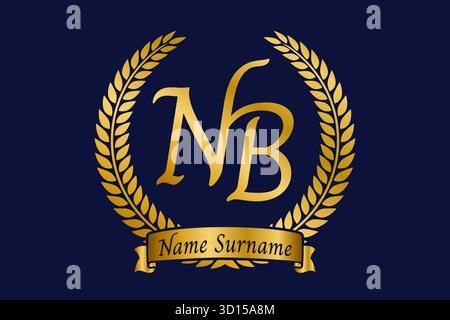Initial letter N and B, NB monogram logo design with laurel wreath. Luxury golden emblem with calligraphy font. Stock Vector