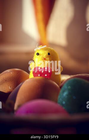Little toy Easter chickens. Happy easter . Holiday Decorations Stock Photo