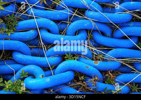 Close-up of thick blue metal chain links covered with dry grass and small plants outdoors. Top view. Stock Photo