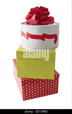 Three boxes with gifts isolated on white background Stock Photo