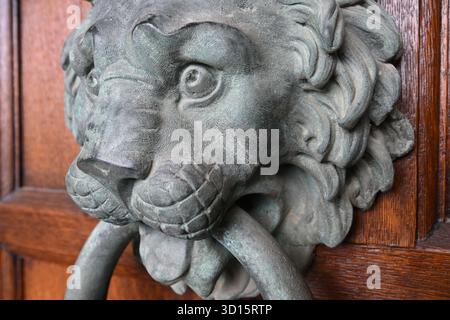 Metal lion head and ring door knocker or handle on wooden door Stock Photo
