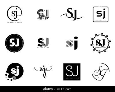 SJ logo company template. Letter s and j logotype. Set different classic serif lettering and modern bold text with design elements. Initial font typog Stock Vector