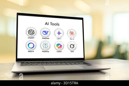 AI tools like ChatGPT, Grok, Gemini displayed on Laptop Stock Photo