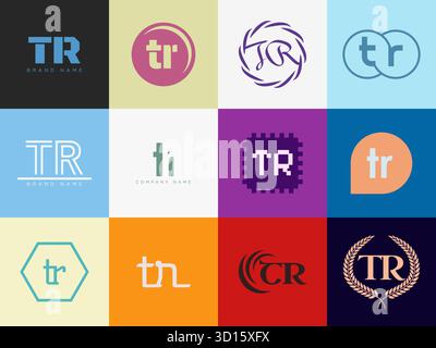 TR logo company template. Letter t and r logotype. Set different classic serif lettering and modern bold text with design elements. Initial font typog Stock Vector