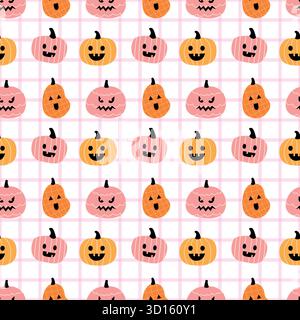 cute pastel halloween pumpkin seamless pattern, kawaii autumn design, pink and orange jack o lantern background Stock Vector