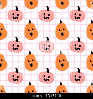 cute pastel pumpkin seamless pattern, kawaii halloween background, pink and orange autumn design Stock Vector