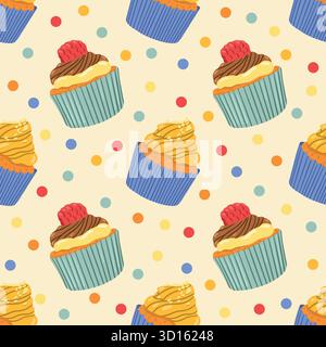 Colorful and bright cute sweet pastry seamless pattern on yellow background. Hand drawn vector cookie illustration. Stock Vector