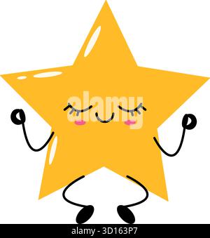Yellow star character sitting in meditation pose with closed eyes and peaceful smile. Flat kawaii vector for stickers, prints or kids projects. Stock Vector