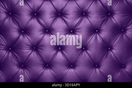 Close up background texture of violet lavender colored capitone genuine leather, retro Chesterfield style soft tufted furniture upholstery with deep d Stock Photo